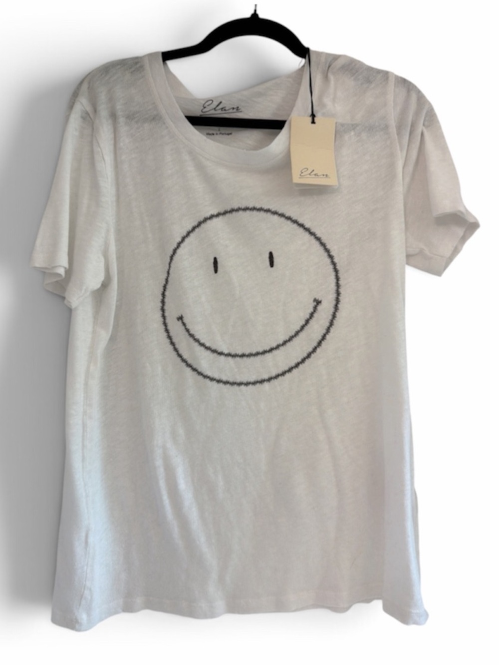 Elan White Tee with Black Smiley Graphic